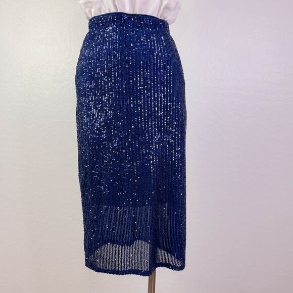 Vince Camuto Slit Pencil Sequin Midi Skirt Blue Cocktail Party Disco Size S NWT - Picture 2 of 11